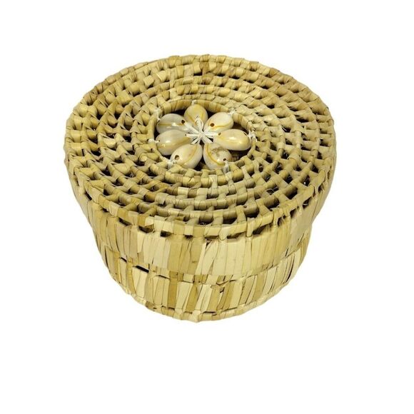 Vintage 70s Bohemian Woven Raffia Cowie Shell Coasters & Basket Coaster Holder - Picture 7 of 10